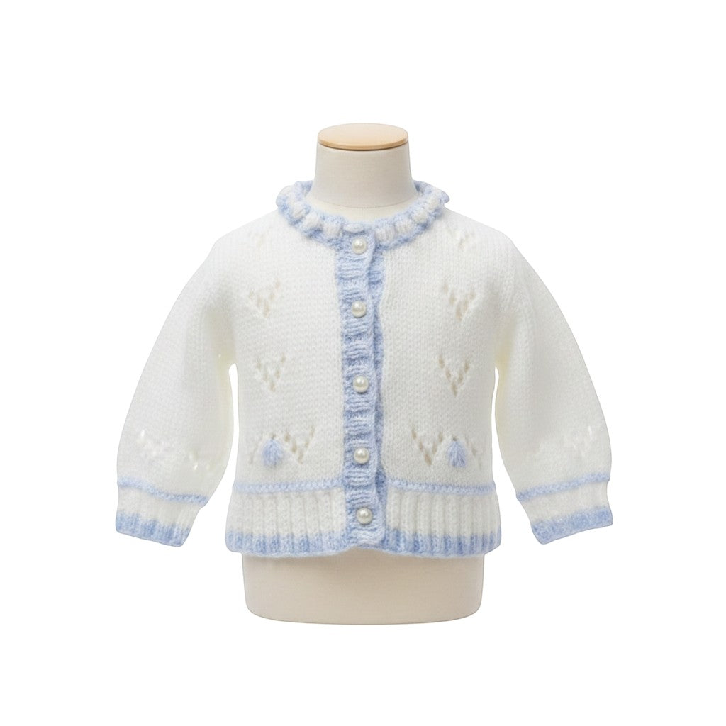 gemknits4kids girls white knitted cardigan with blue pastel trim, button-down front, and textured knit pattern.