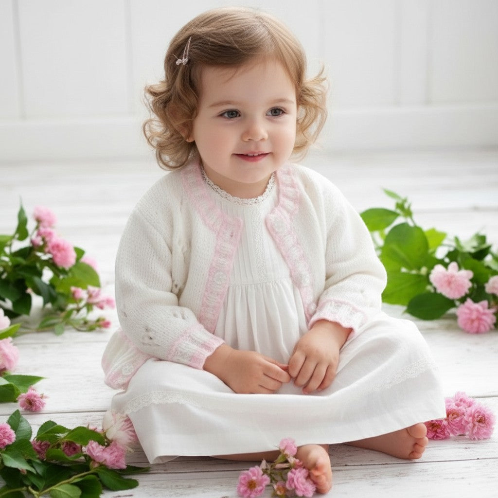 Toddler girl wearing a gemknits4kids white hand-knitted cardigan with delicate pastel pink trim hems and floral accents