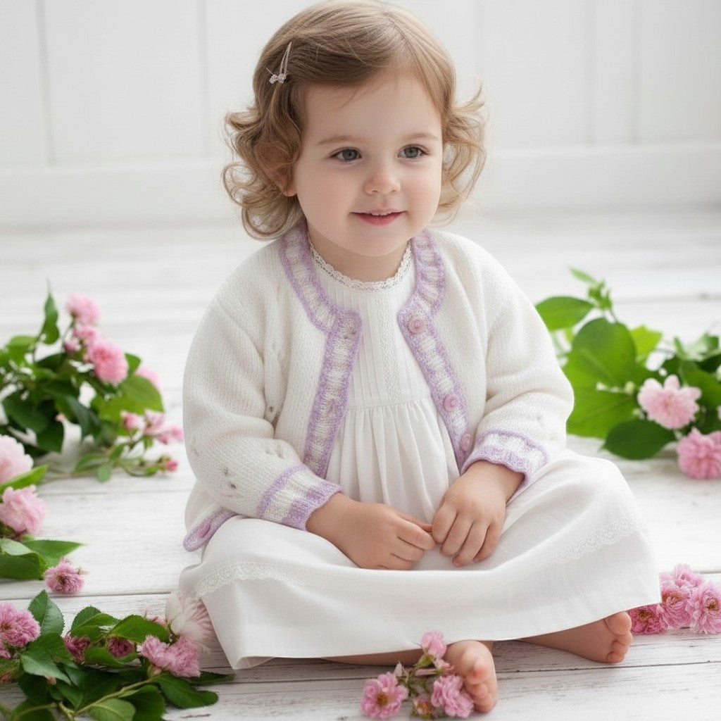 Toddler girl wearing a gemknits4kids white hand-knitted cardigan with delicate pastel purple trim and floral accents