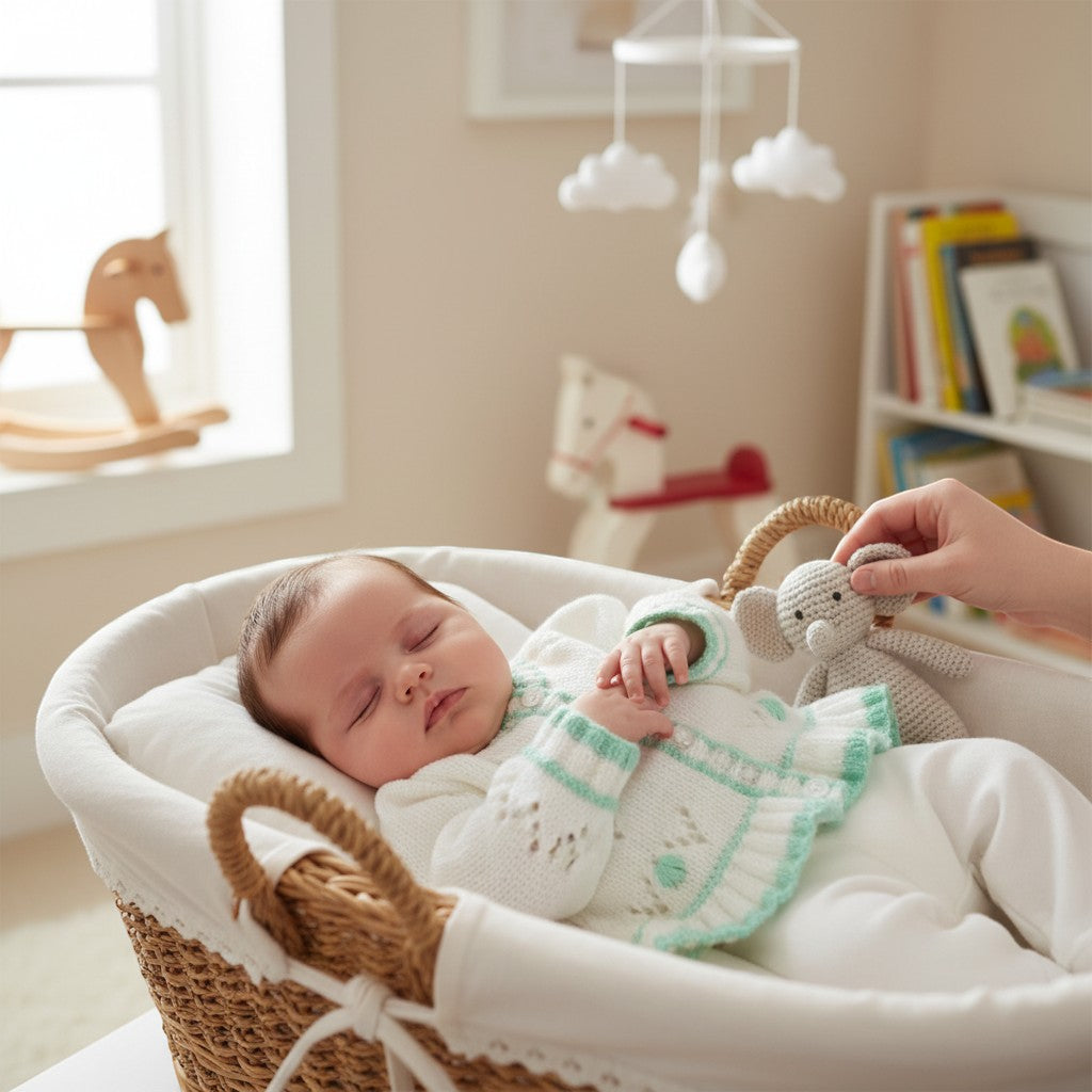 gemknits4kids baby girl wearing a white knitted cardigan with pastel green trim while sleeping in a wicker basket