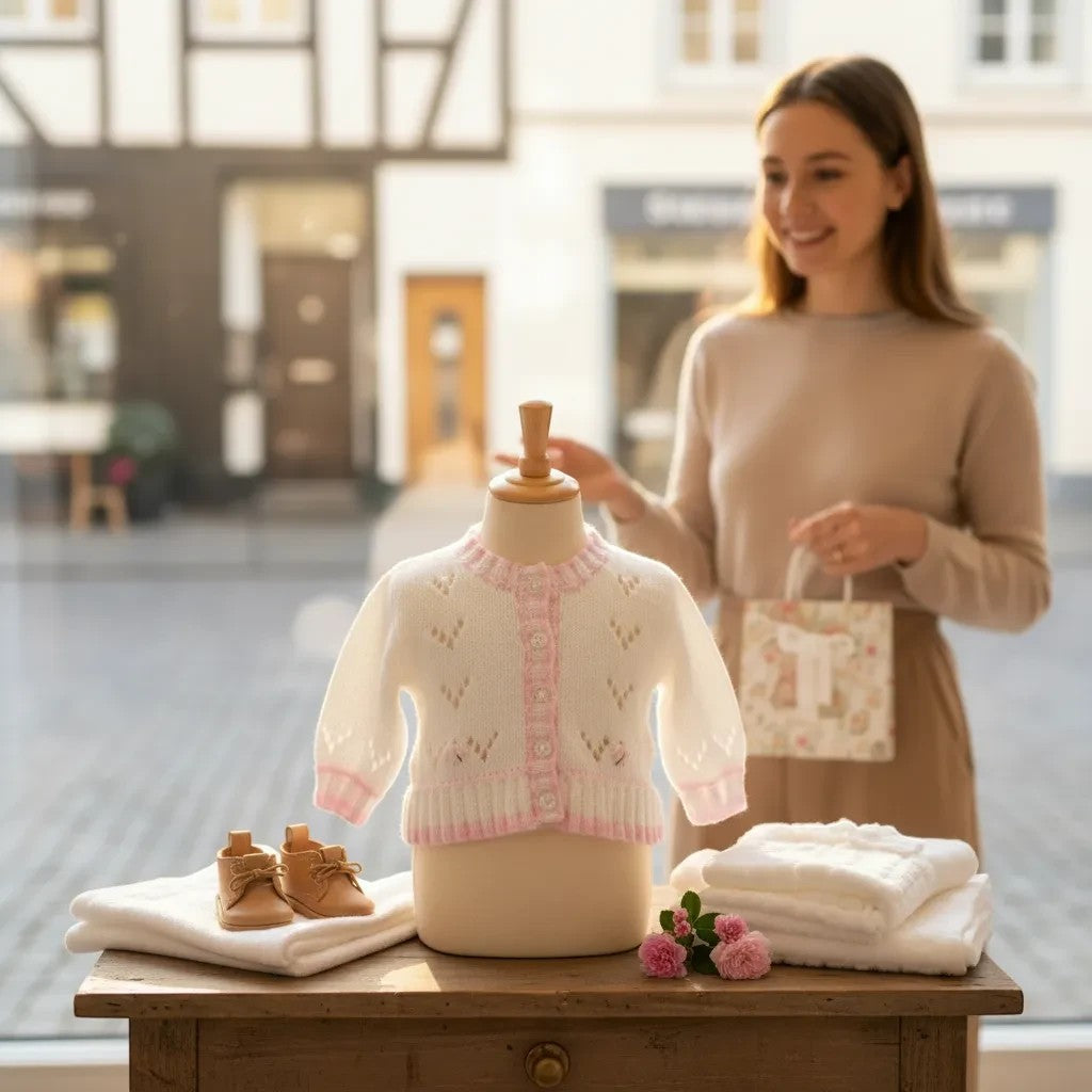 gemknits4kids white knitted cardigan for girls with pastel pink trim on a mannequin in a boutique shop window