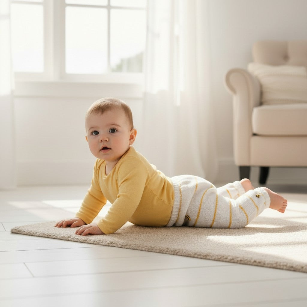 gemknits4kids white knitted baby leggings with yellow stripes and small bumble bee embroidery details