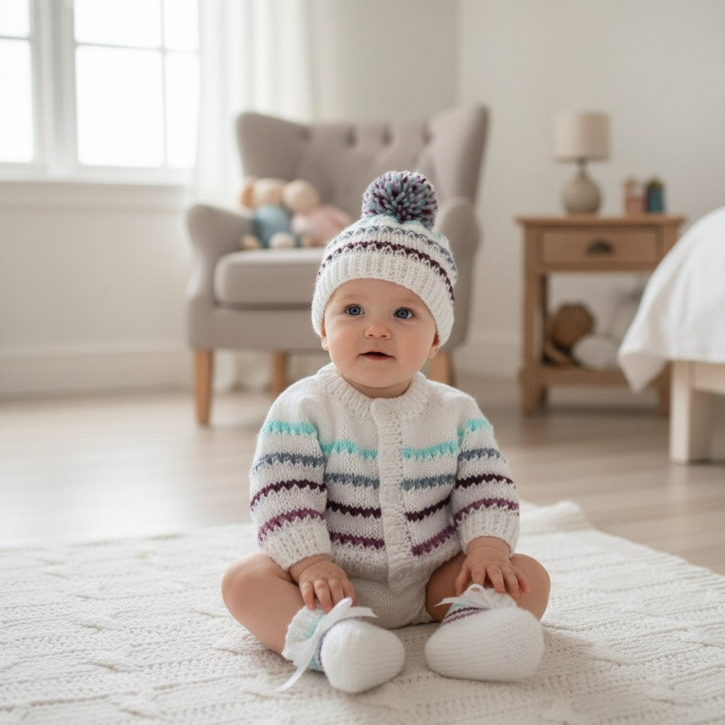 Stripy Knitted Baby Essentials – Cardigan, pom pom Hat, Mittens & Booties