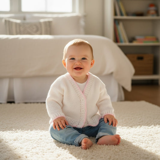 Scalloped Hem Baby Cardigan with V-Neck – Matching Hat, Mittens & Boots Available