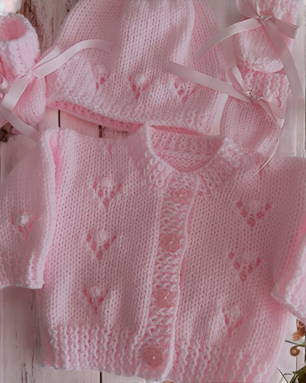 Gorgeous Hand-Knitted Unisex Baby Cardigan with  Matching Hat, Booties & Mittens