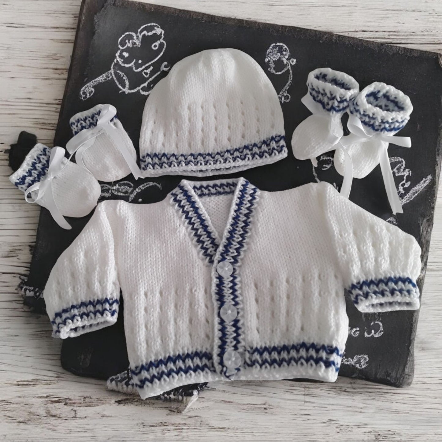 Stripy Knitted Baby Set – Cardigan, Hat, Mittens & Booties