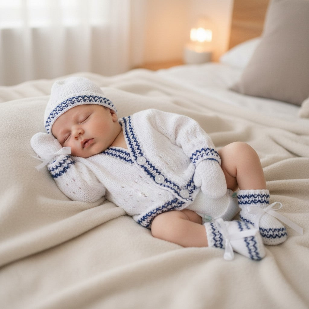 Stripy Knitted Baby Set – Cardigan, Hat, Mittens & Booties
