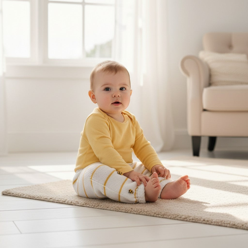 gemknits4kids white knitted baby leggings with yellow stripes and small bumble bee embroidery details