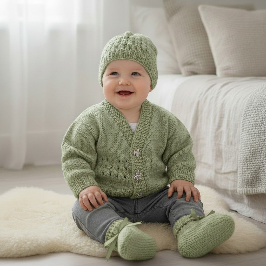 Hand Knitted Boys Traditional Cardigan with Matching Hat and Boots – Baby Boy Coming Home Outfit