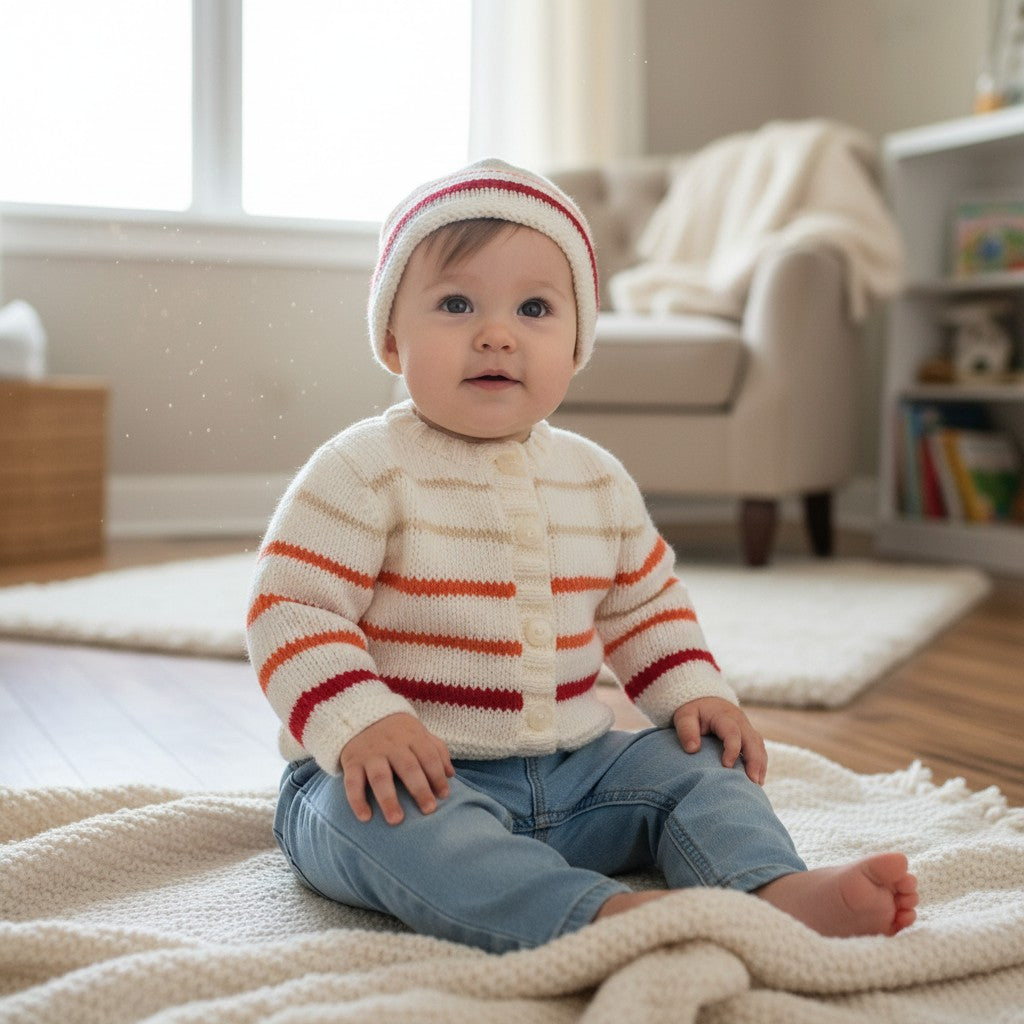 Boys Hand Knitted Cardigan with Matching Hat – Playful stripy Baby Boy Outfit