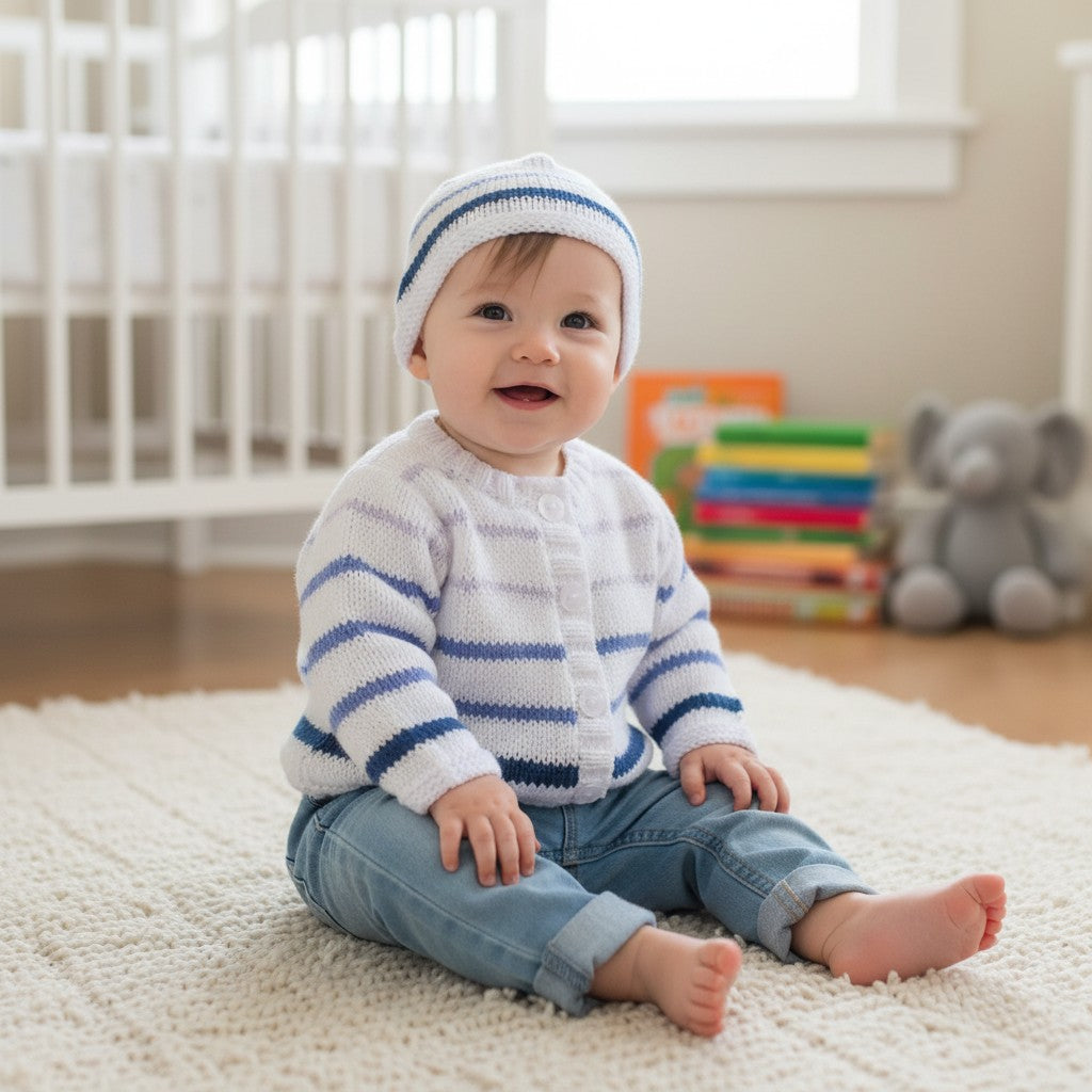 Boys Hand Knitted Cardigan with Matching Hat – Playful stripy Baby Boy Outfit