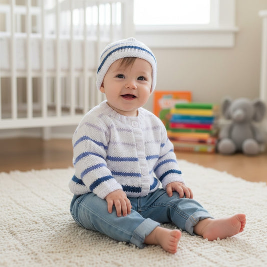 Boys Hand Knitted Cardigan with Matching Hat – Playful stripy Baby Boy Outfit