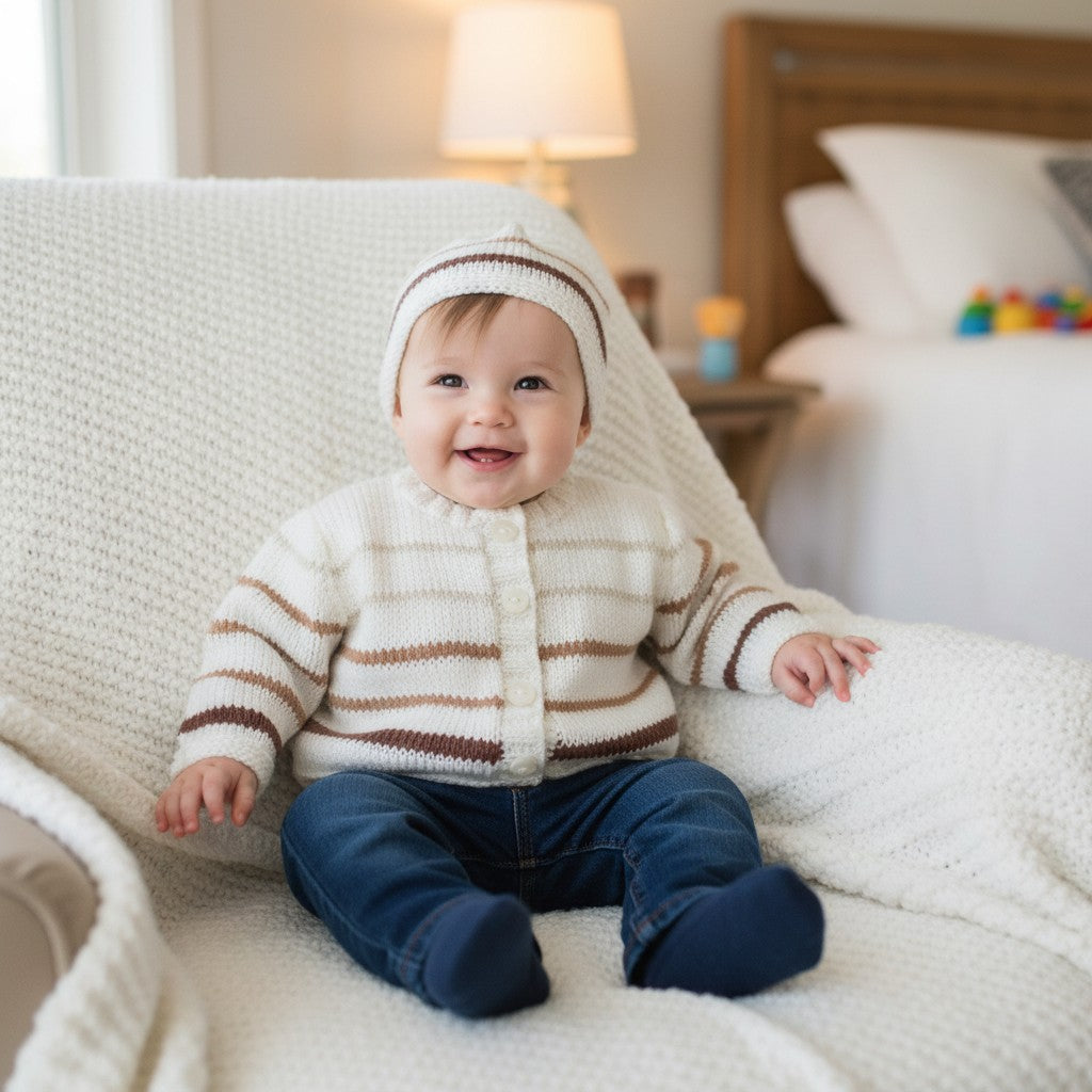 Boys Hand Knitted Cardigan with Matching Hat – Playful stripy Baby Boy Outfit