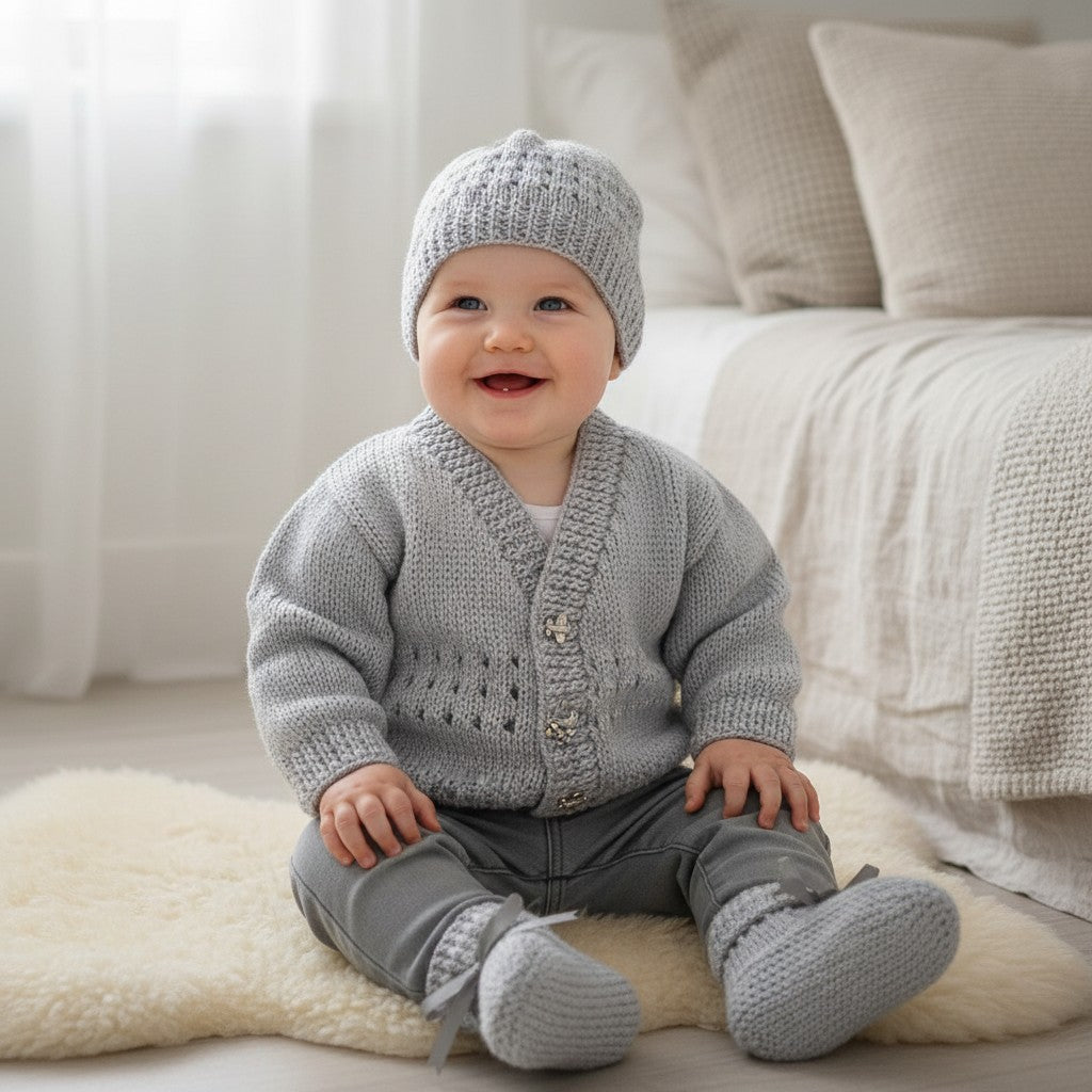 Hand Knitted Boys Traditional Cardigan with Matching Hat and Boots – Baby Boy Coming Home Outfit