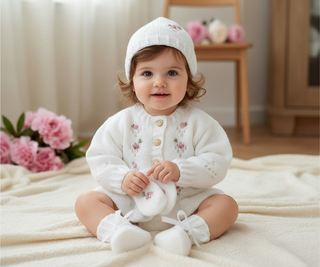 Hand Knitted Baby Girl Outfit with Matching Hat, Mittens & Booties | Embroidered Baby Shower Gift