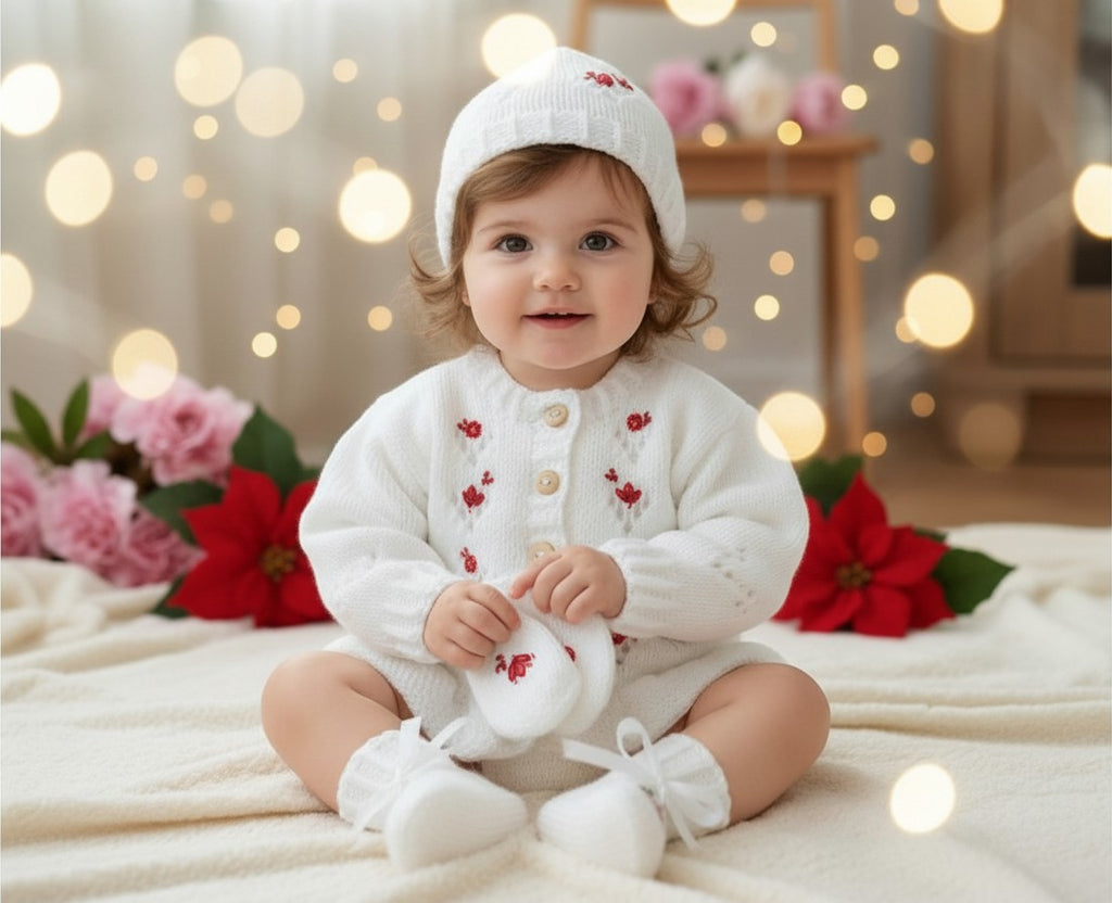 Hand Knitted Baby Girl Outfit with Matching Hat, Mittens & Booties | Embroidered Baby Shower Gift