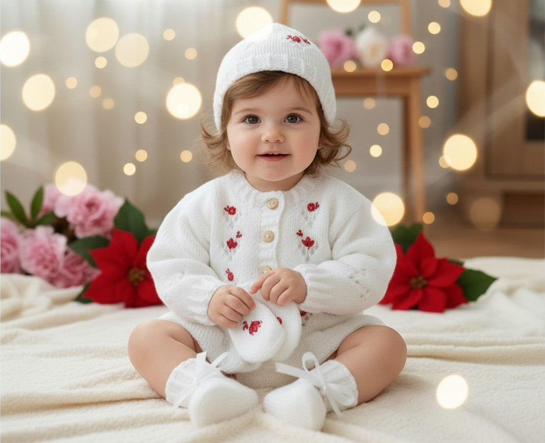 Hand Knitted Baby Girl Outfit with Matching Hat, Mittens & Booties | Embroidered Baby Shower Gift