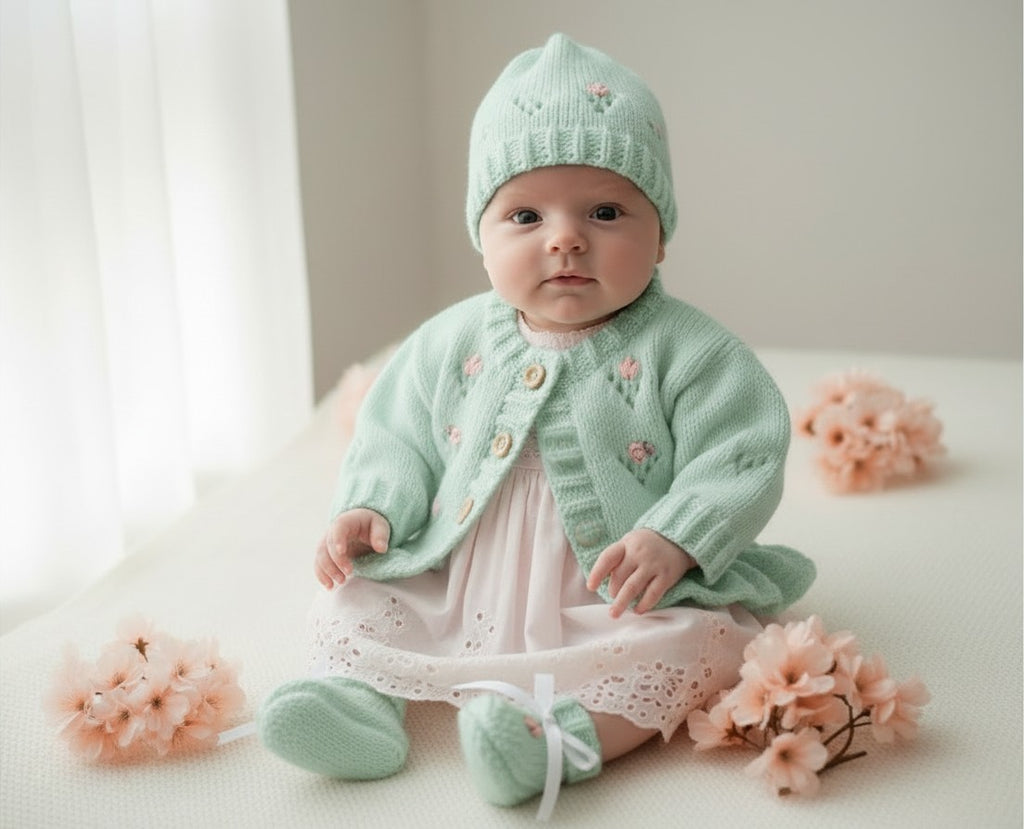 Hand Knitted Baby Girl Outfit with Matching Hat, Mittens & Booties | Embroidered Baby Shower Gift