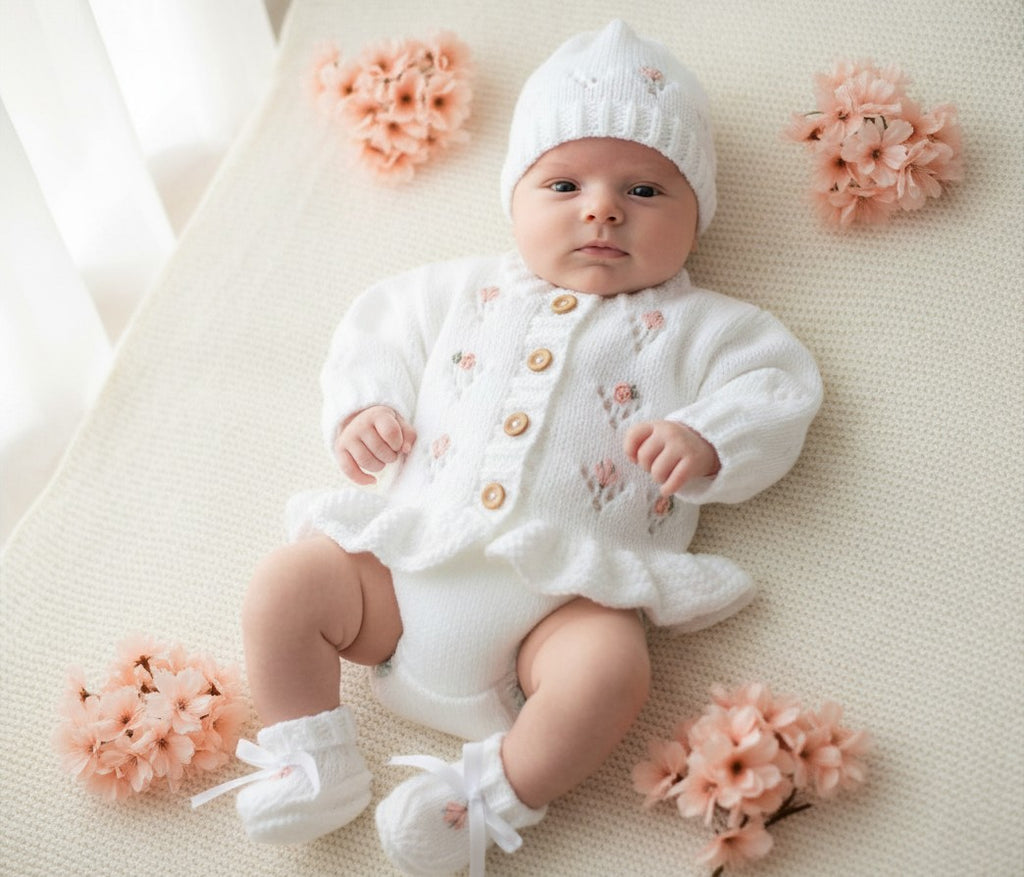 Hand Knitted Baby Girl Outfit with Matching Hat, Mittens & Booties | Embroidered Baby Shower Gift