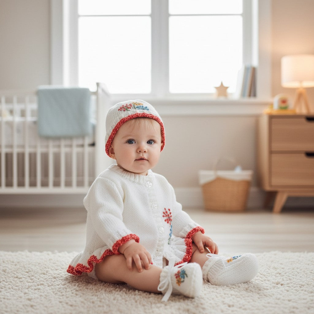 Knitted Girls Cardigan with Bright Coloured Embroidery matching hat, mitts and boots – Handcrafted & Unique