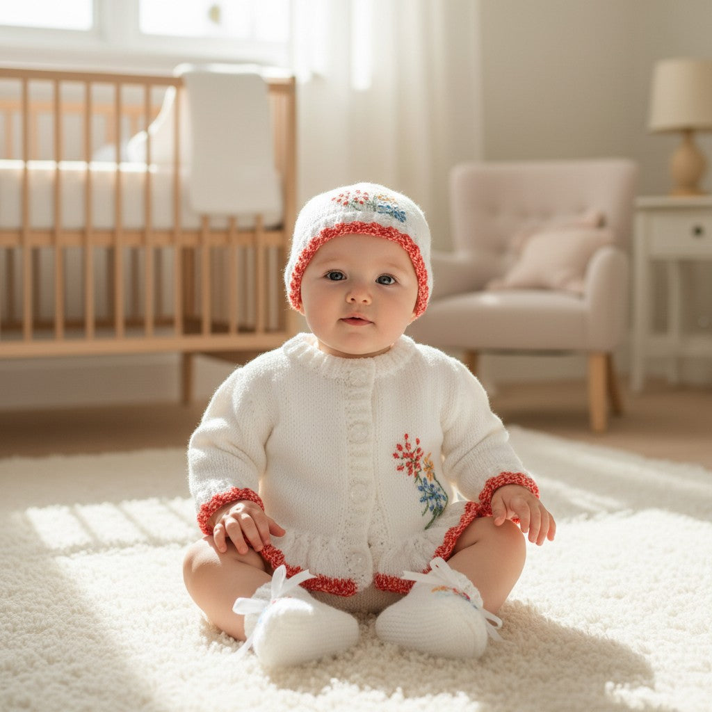Knitted Girls Cardigan with Bright Coloured Embroidery matching hat, mitts and boots – Handcrafted & Unique