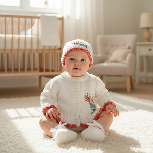 Knitted Girls Cardigan with Bright Coloured Embroidery matching hat, mitts and boots – Handcrafted & Unique