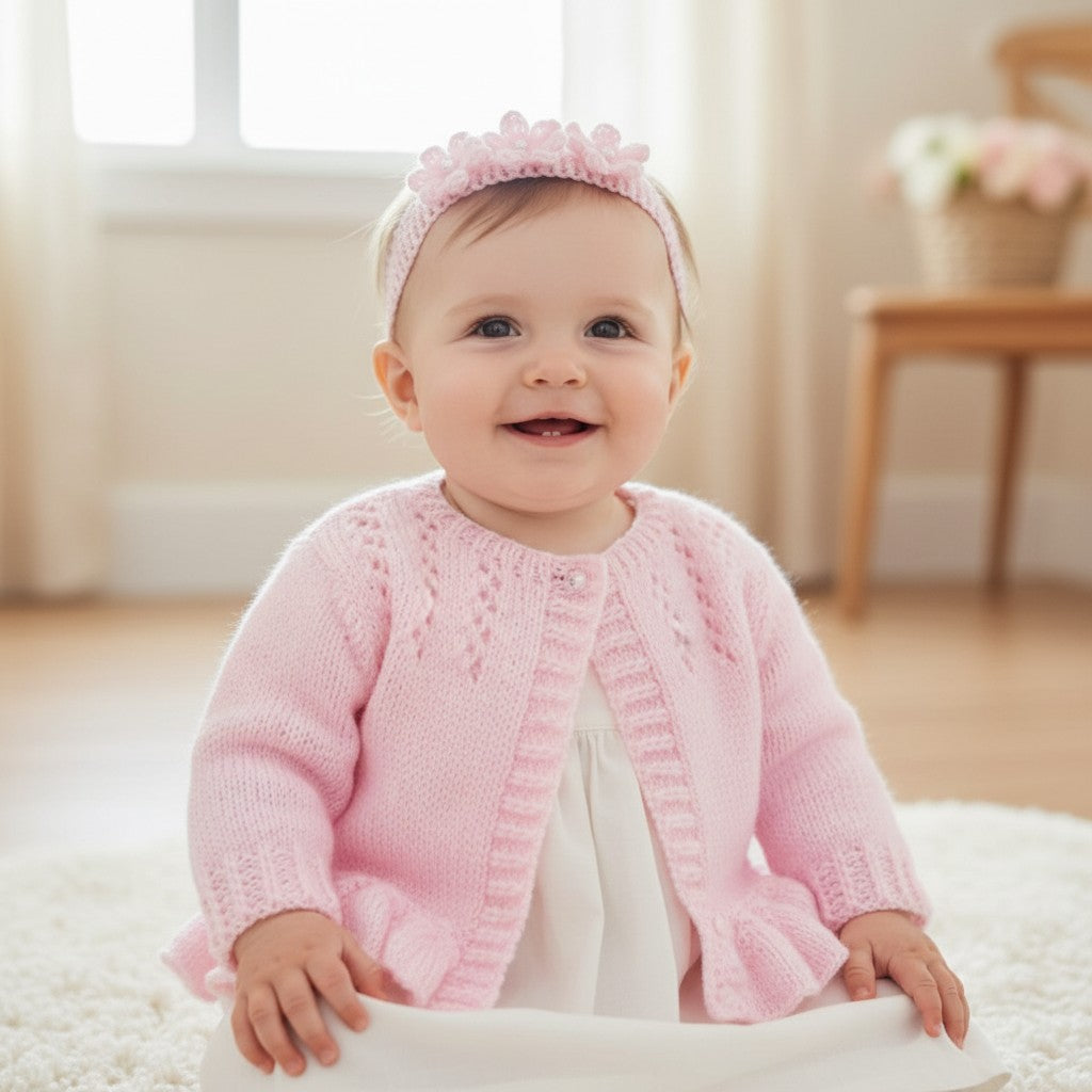 Hand Knitted Pearl-Trimmed Girls Cardigan with Matching Headband – Perfect for Christenings