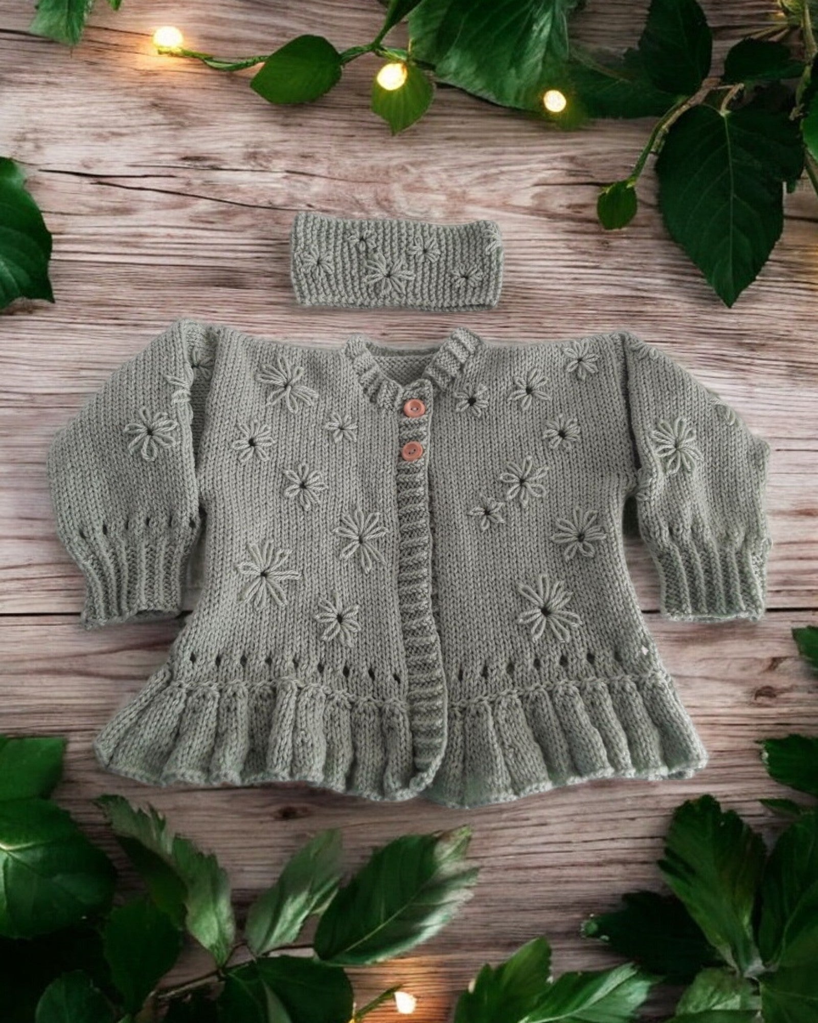 Hand Knitted Girls Cardigan & matching headband with Hand-Stitched Blooms