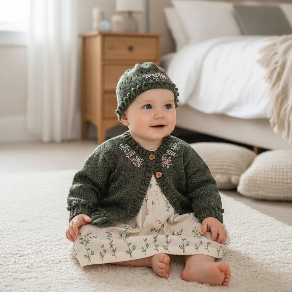 Hand-Knitted Baby Girl Cardigan & Hat Set –  Embroidered silk Flowers