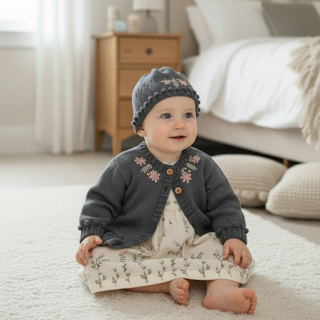 Hand-Knitted Baby Girl Cardigan & Hat Set –  Embroidered silk Flowers