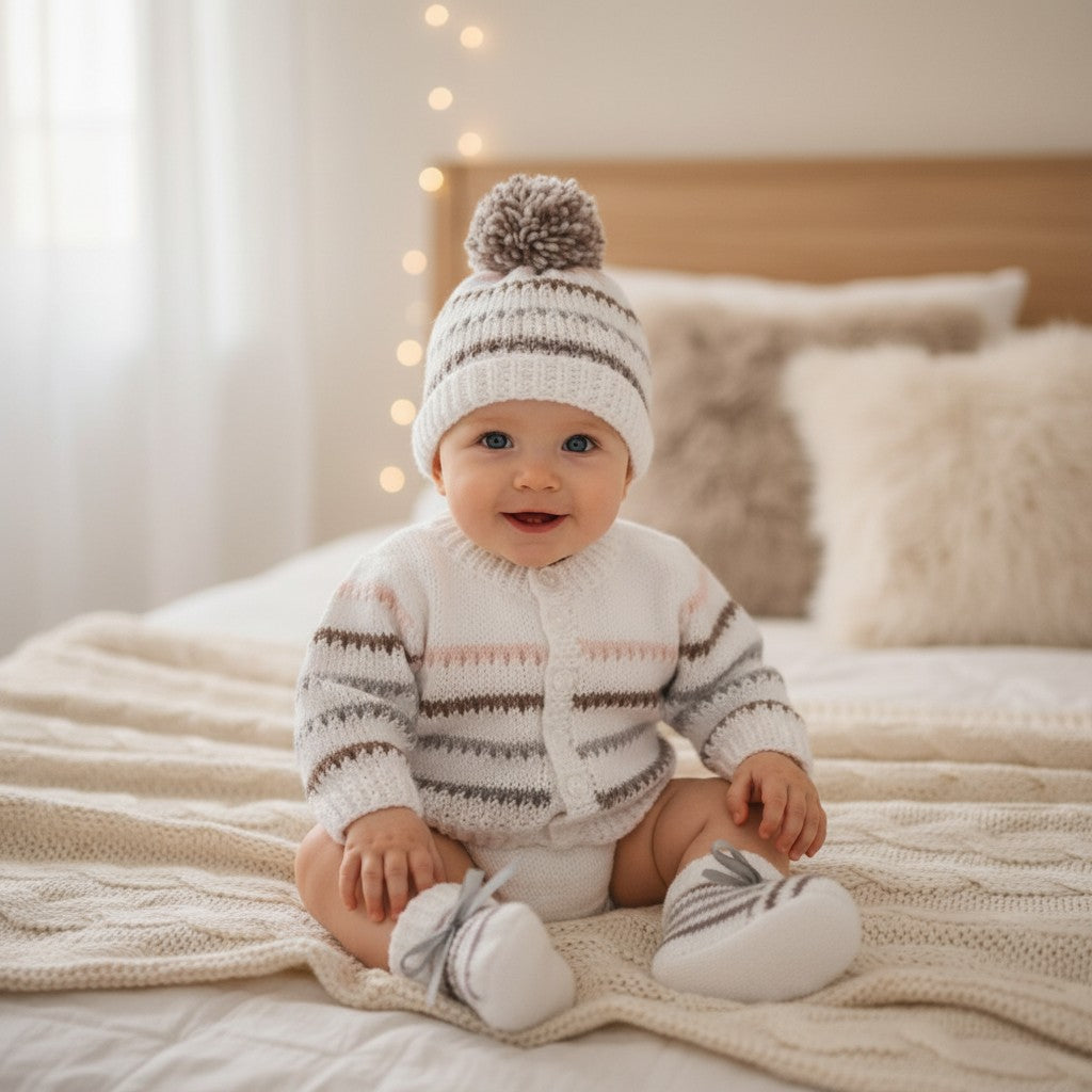 Stripy Knitted Baby Essentials – Cardigan, pom pom Hat, Mittens & Booties
