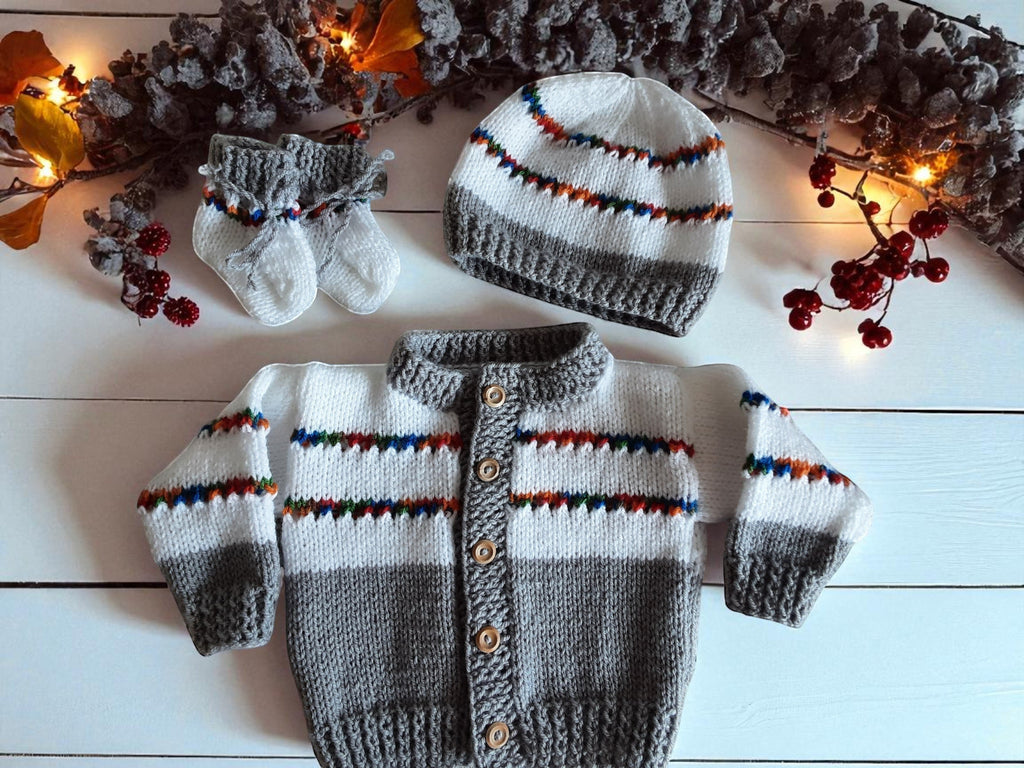 gemknits4kids hand-knitted White and Grey striped cardigan, matching hat, and booties