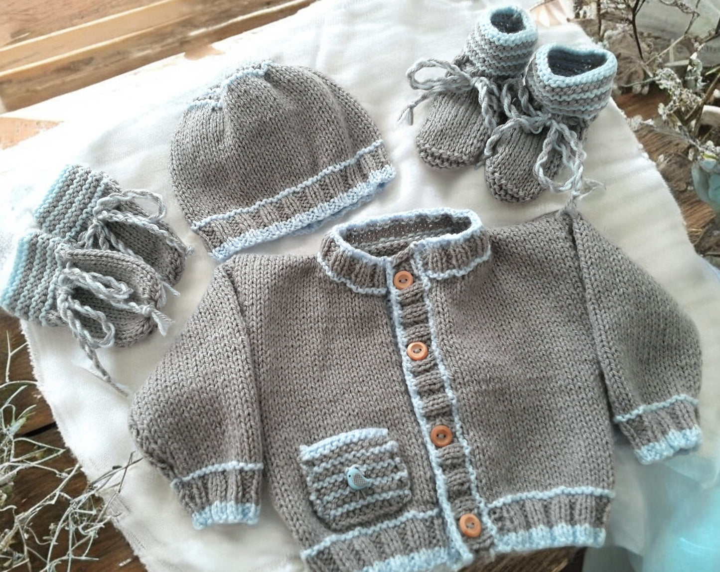 Boys' Knitted Outfit with Pocket and Teddy Bear Button Trim – Hand-Knitted Cardigan, Hat, mittens and Booties Set