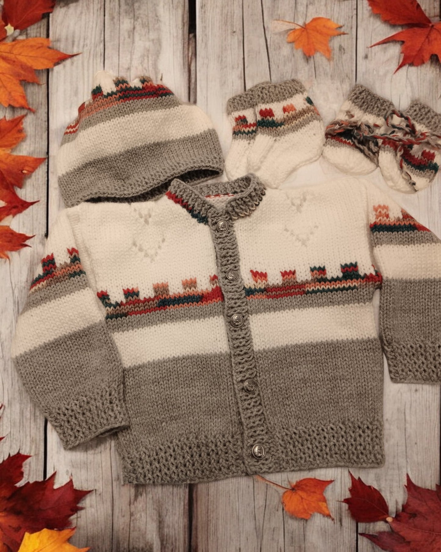 Boys Fair Isle Design Knitted Cardigan Set – Includes Matching Hat, Mitts, and Socks