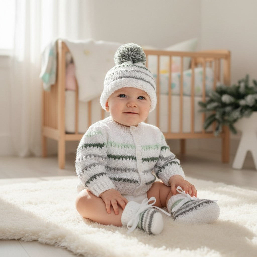 Stripy Knitted Baby Essentials – Cardigan, pom pom Hat, Mittens & Booties