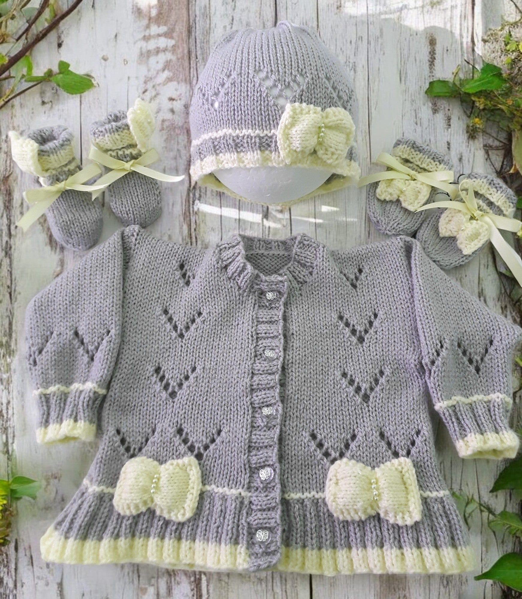 Hand Knitted Baby Girl Cardigan with Knitted Bow Trim  -Made to Order