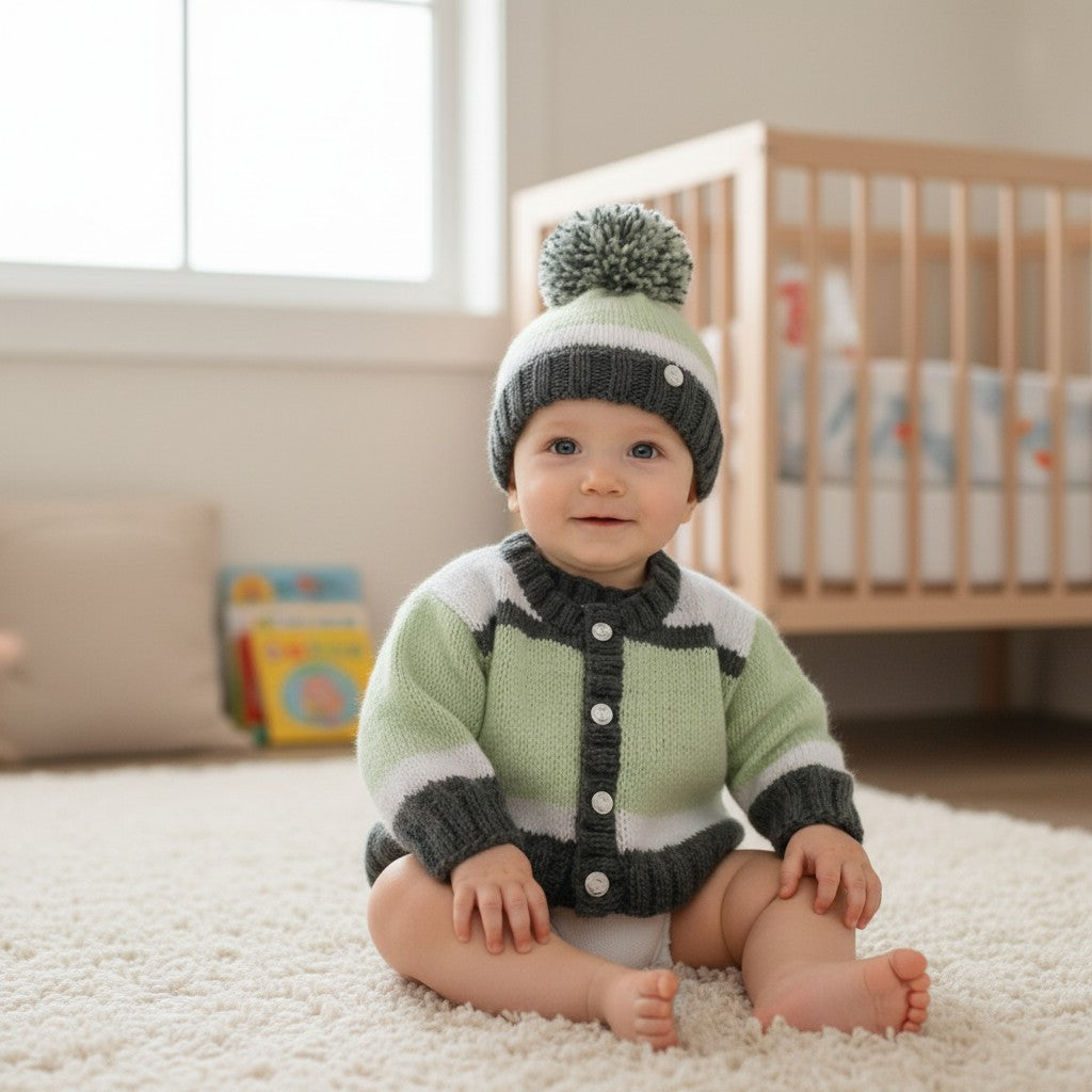 Boys' Block Design Knitted Cardigan – Hand-Knitted Cardigan with Optional Pom Pom Hat
