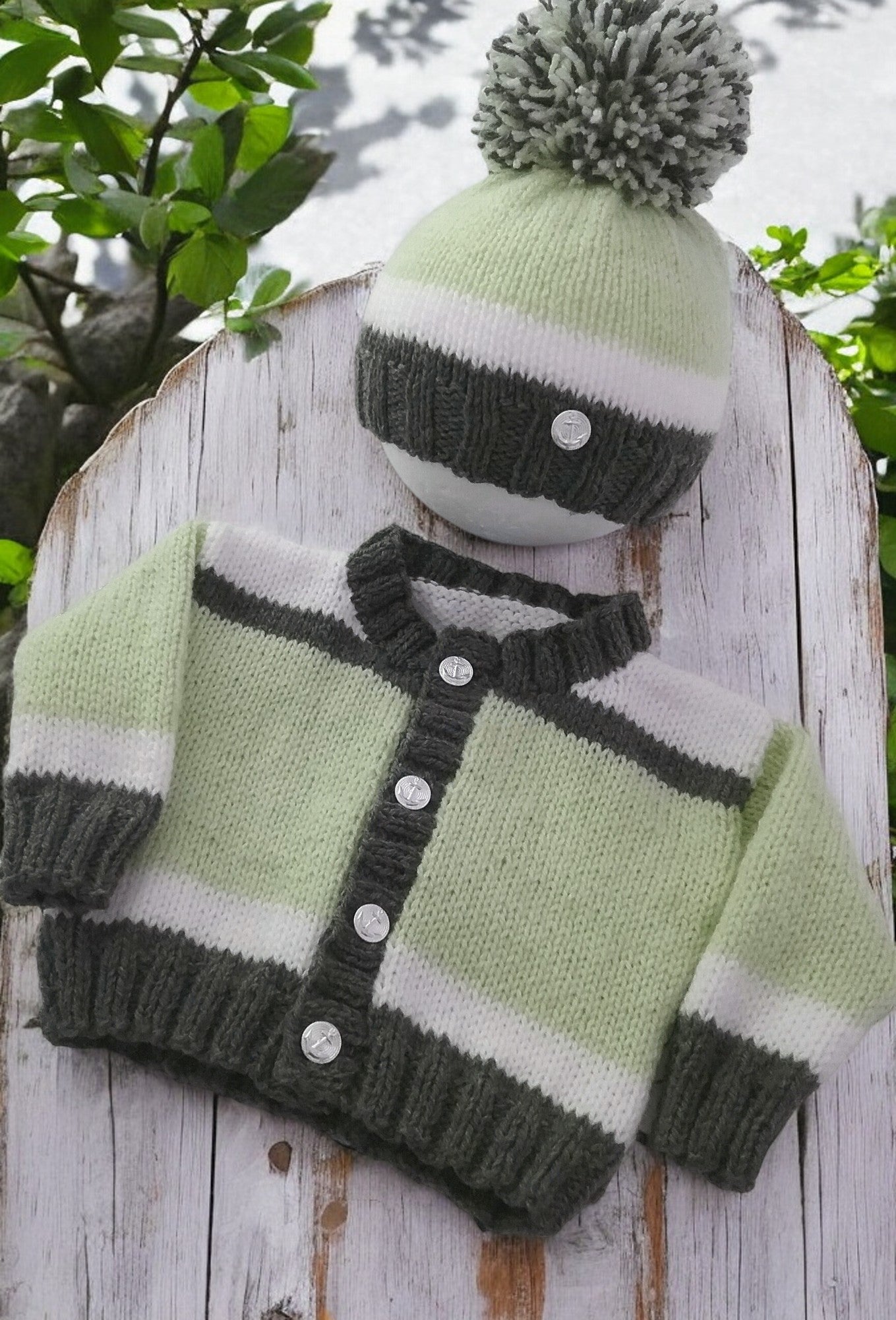 Boys' Block Design Knitted Cardigan – Hand-Knitted Cardigan with Optional Pom Pom Hat