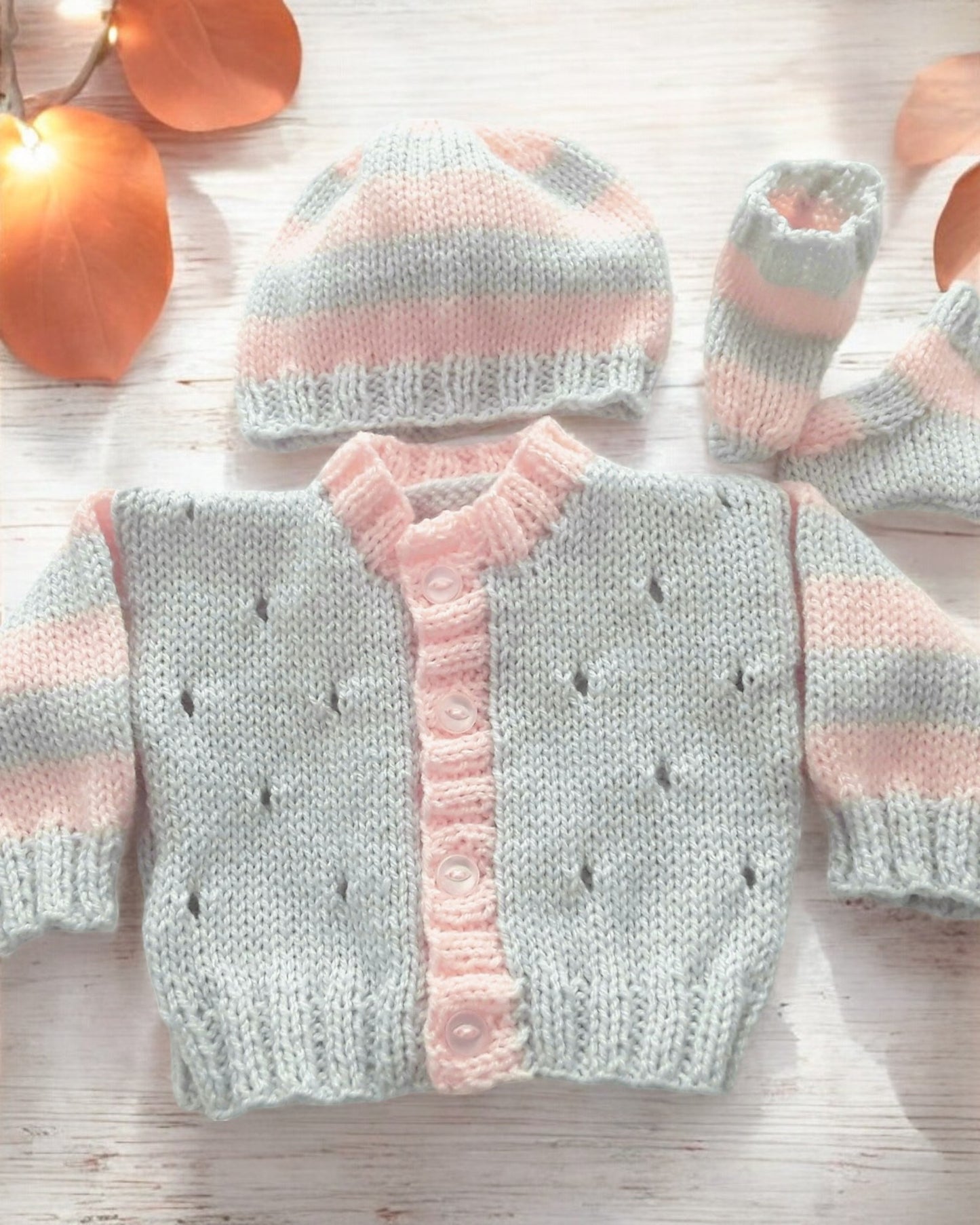 Silver & Pastel Striped unisex Knitted Baby Set