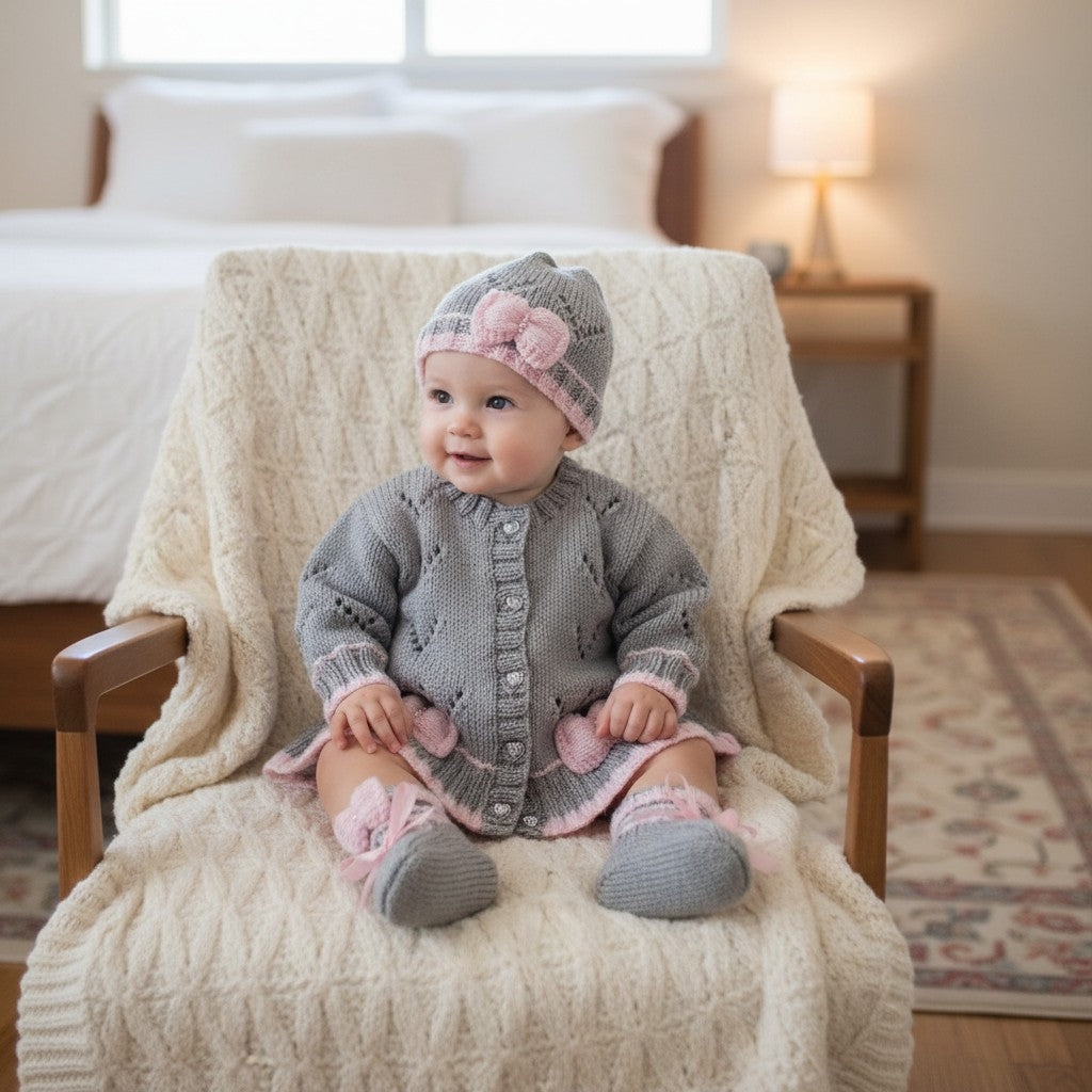Hand Knitted Baby Girl Cardigan with Knitted Bow Trim  -Made to Order