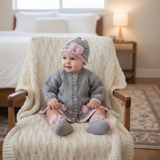 Hand Knitted Baby Girl Cardigan with Knitted Bow Trim  -Made to Order