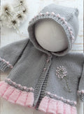 Elegant Frilly Knit Baby Girl Hoodie with Delicate Dandelion Embroidery, silver with your choice of trim colour