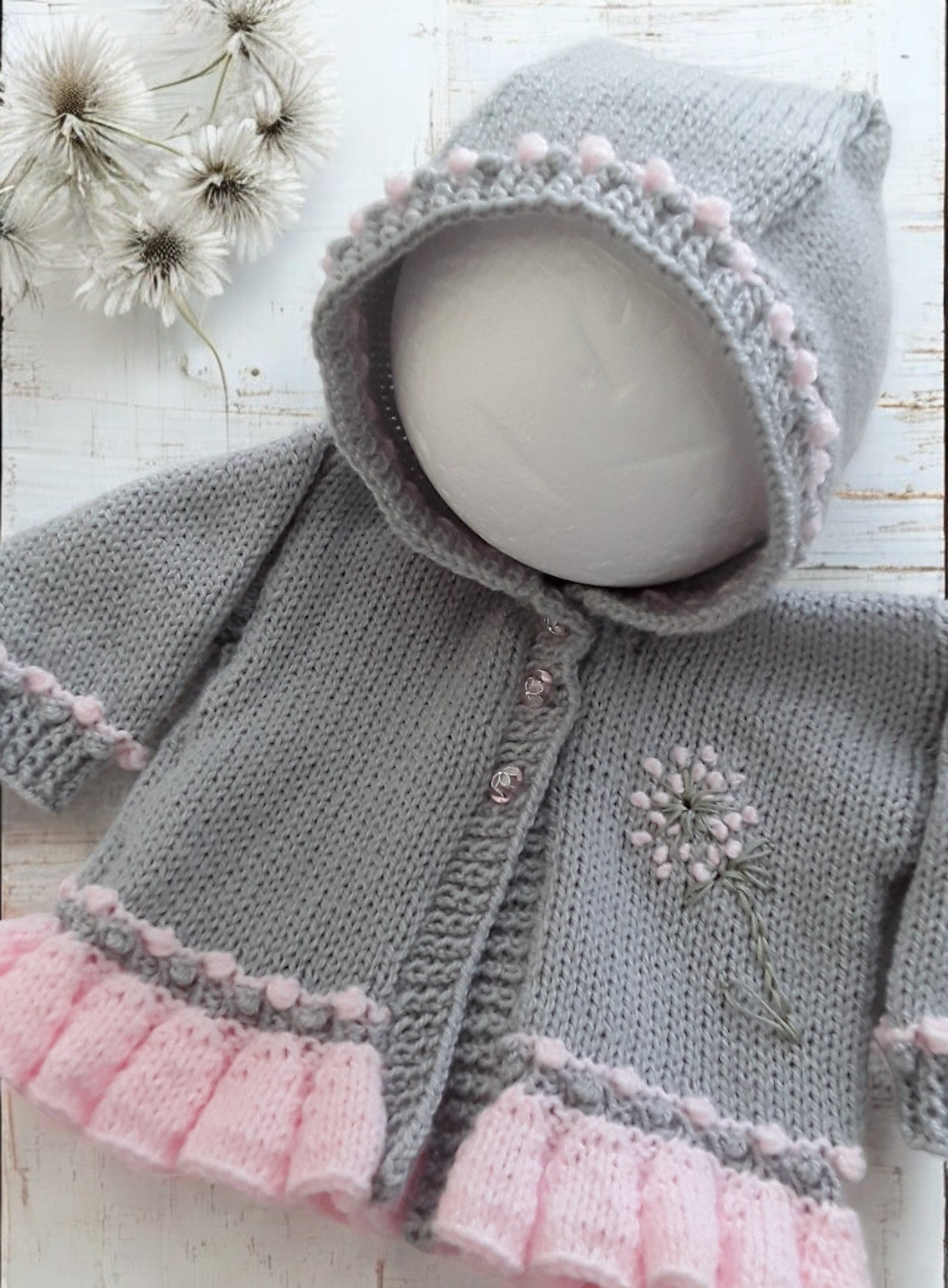Elegant Frilly Knit Baby Girl Hoodie with Delicate Dandelion Embroidery, silver with your choice of trim colour