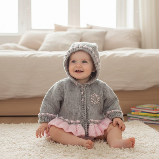 Elegant Frilly Knit Baby Girl Hoodie with Delicate Dandelion Embroidery