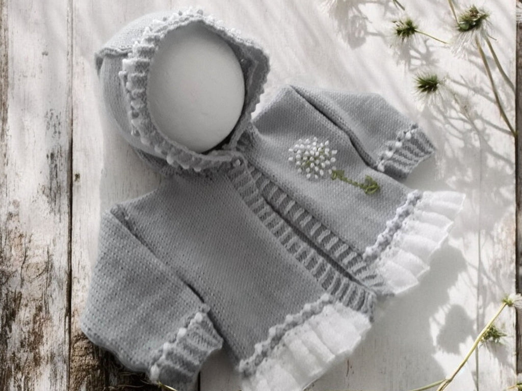 Elegant Frilly Knit Baby Girl Hoodie with Delicate Dandelion Embroidery, silver with your choice of trim colour