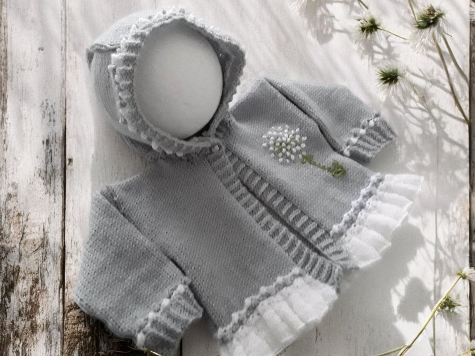 Elegant Frilly Knit Baby Girl Hoodie with Delicate Dandelion Embroidery, silver with your choice of trim colour