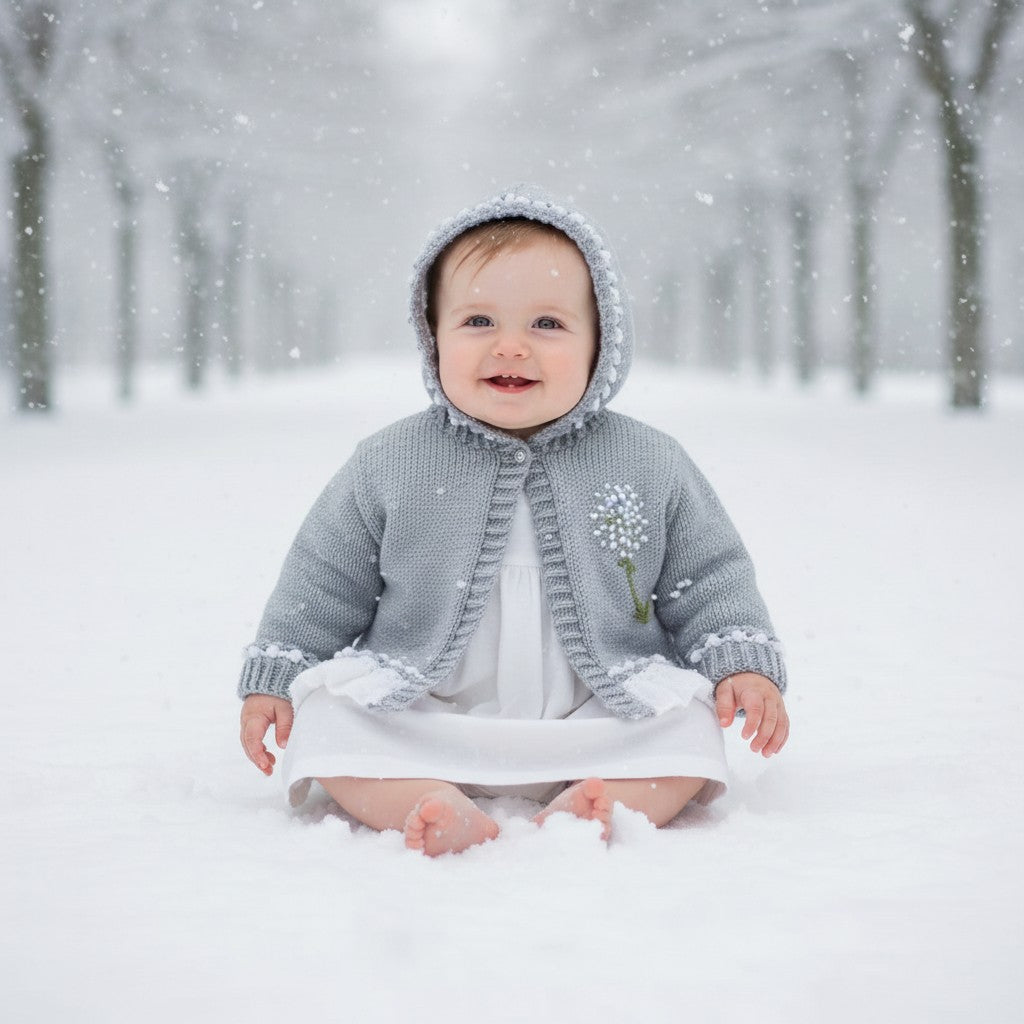 Elegant Frilly Knit Baby Girl Hoodie with Delicate Dandelion Embroidery