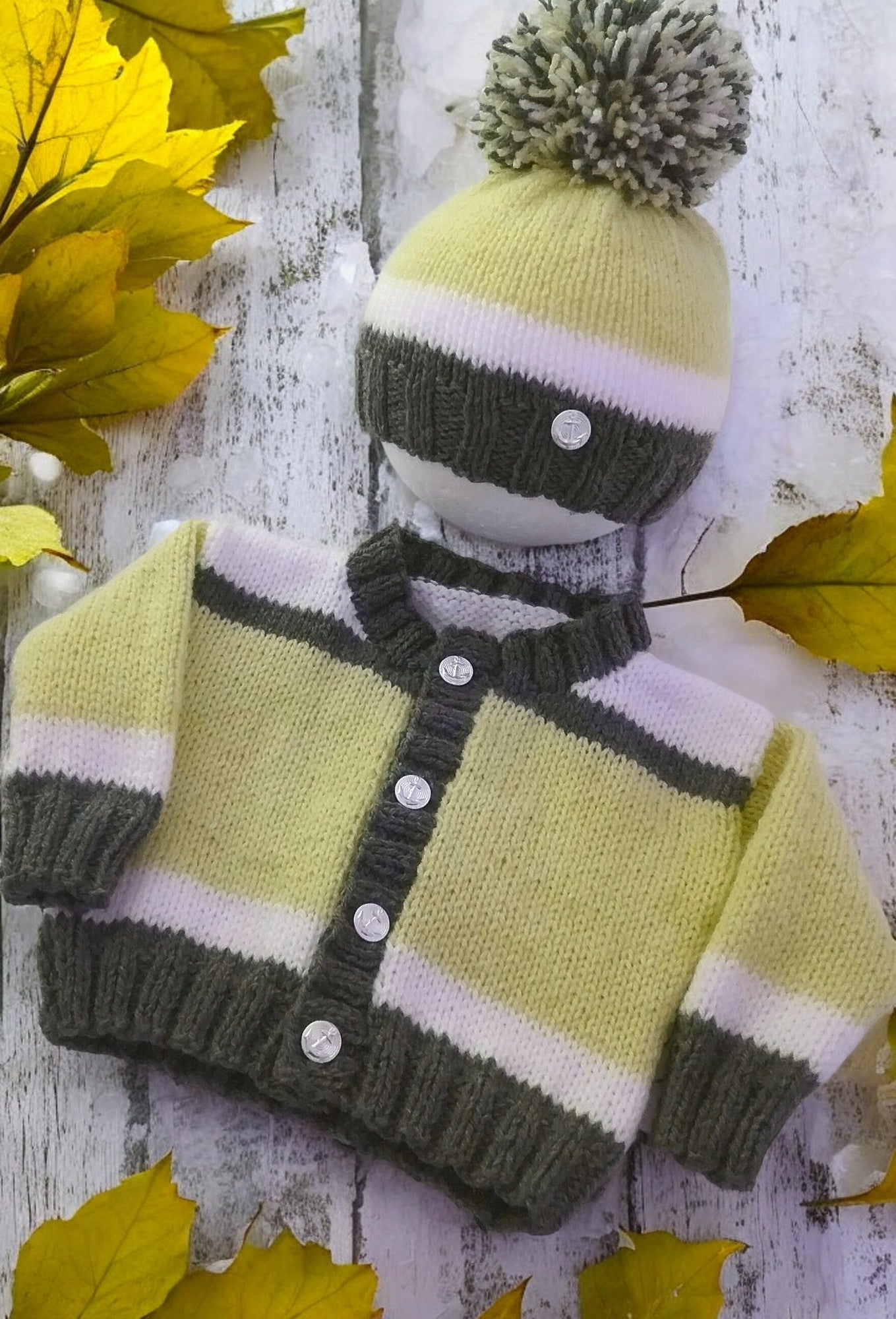 Hand Knitted Baby Boy Outfit | Cardigan & pom pom hat