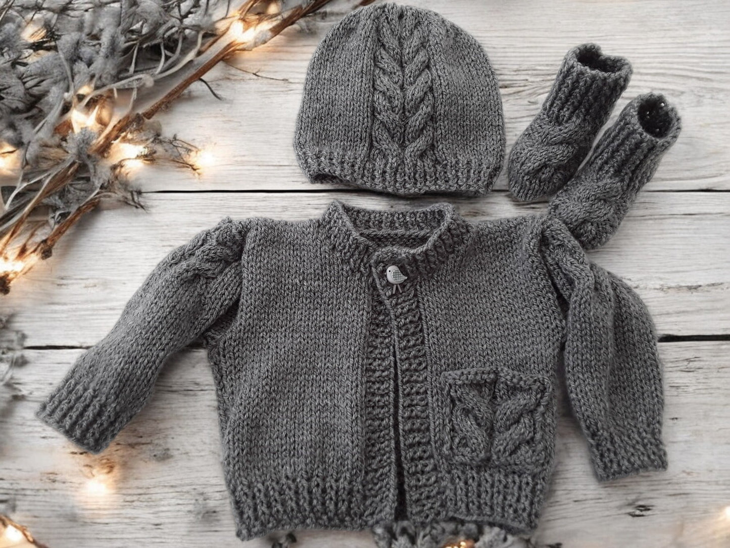 Boys' Cable Design Knitted Cardigan with Matching Hat and Boots – Classic Baby Boy Sweater Set