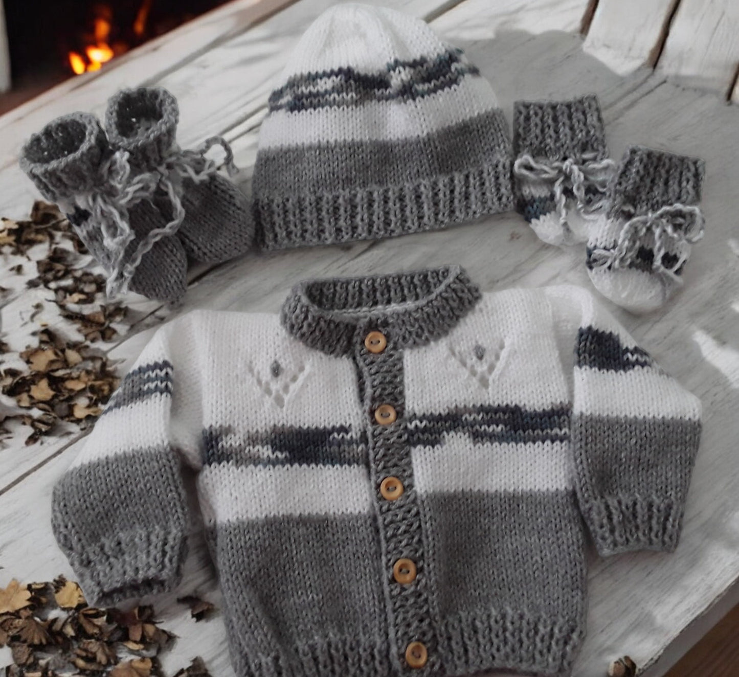 Boys' Star and Stripe Knitted Cardigan with Matching Hat and Boots – Playful Baby Boy Outfit